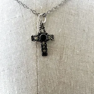 Silver tone and black dainty cross necklace thumbnail 2