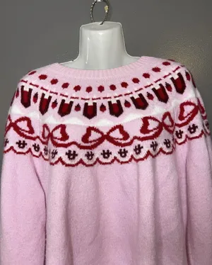 CeCe Sweater Womens XL Pink Fair Isle Hearts Bows Crew Neck Knit Pullover thumbnail 1