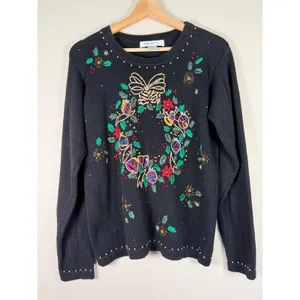 Arriviste Womens Black Embroidered Wreath Beaded Ugly Christmas‎ Sweater Small thumbnail 2