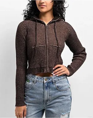 Zumiez Empyre Brown cropped knit zip up thumbnail 1