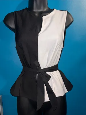 SheIn Black & White Sleeveless Peplum Tie-Waist Top thumbnail 1