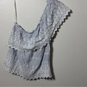 American Eagle Women Blue Embroidered‎ Ruffle One Shoulder Top Blouse XS thumbnail 7