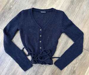 Brandy Melville Navy Cropped Cardigan Tie Front Button Up Soft Knit thumbnail 1