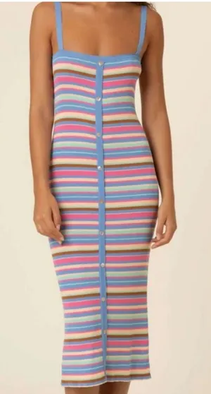 FRNCH Tania Stripe Ribbed Midi Dress colorful pastel striped patte large thumbnail 1