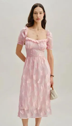 Rihoas Pink Square Neck Puffed Sleeve Midi Dress thumbnail 2