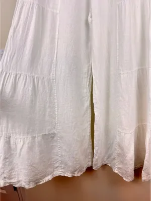 White Linen Tiered Wide Leg Palazzo Pants Foldover Waist Boho Coastal Resort thumbnail 5