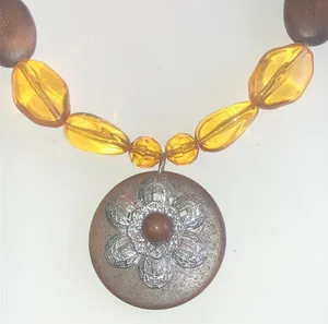 Brown and Yellow Beaded Necklace with Floral Boho Pendant thumbnail 1