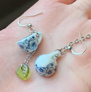 Handmade porcelain tea cup & Czech glass leaf unique fun fairy antique style dangle earrings🫖🍃🌀 thumbnail 5