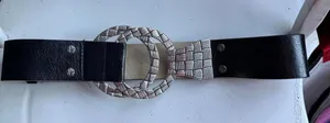 Chico’s Black Leather Belt with Silver Textured Double Ring Buckle thumbnail 1