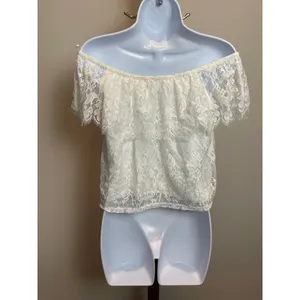 Hollister Lace Off Shoulder Ruffle Crop Top Size M Cream thumbnail 4