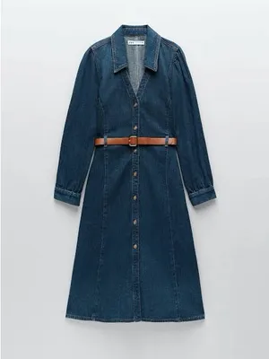 Zara Dark wester Blue Denim Midi Shirt Dress with Brown Belt thumbnail 2