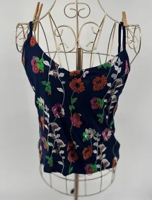 Anthropologie Kellen Floral Embroidered Cami Tank Navy Spaghetti Strap Top XS thumbnail 1