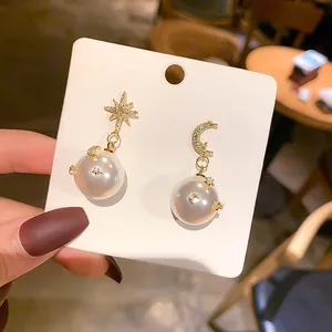 Moon and Stars Pearl Dangle Drop Earrings for Women thumbnail 2