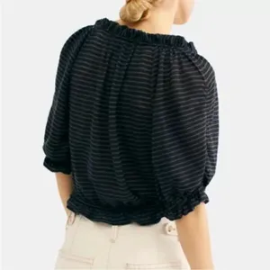 Free People Dorothy Cropped Top Peasant Style Black Blue Navy Stripe Size XS thumbnail 5