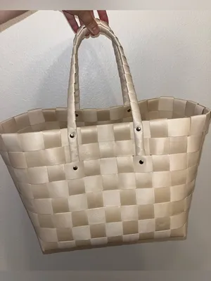 Woven Tote Bag in Cream Checkered thumbnail 1