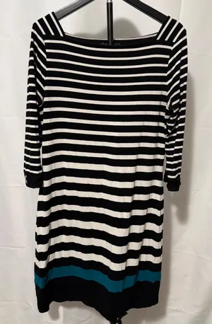 White House Black Market Striped Boat Neck Sheath Dress Black White Teal Medium thumbnail 1