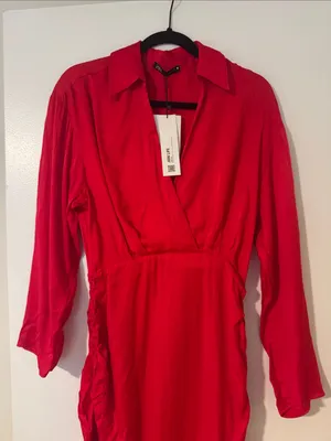 Zara Women’s Bright Red Long Sleeve Wrap-Style Mini Dress with Ruched Drawstring thumbnail 7