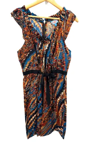 Plenty by Tracy Reese Silk Abstract Print Ruffle V-Neck Dress Blue Orange Medium thumbnail 1