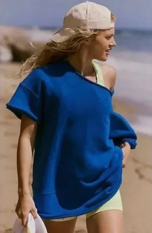 NWOT Free People X FP Movement Cruise Sweatshirt In Stellar Blue Super Oversize thumbnail 1