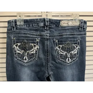Y2K Miss Chic Low Rise Bootcut Jeans‎ Sz 9 Thick Stitch Rhinestone Embroidered thumbnail 4