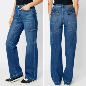 Judy Blue Cargo Wide Leg Jeans Size 7 | 28 High Rise Dark Wash Utility Denim thumbnail 13