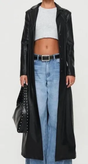 Princess Polly Speak Easy Long Line Faux Leather Coat Black thumbnail 1