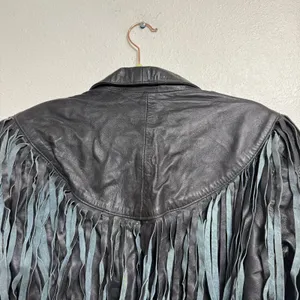 Vintage Black Leather Western Moto Fringe Cropped Jacket Sz M thumbnail 8
