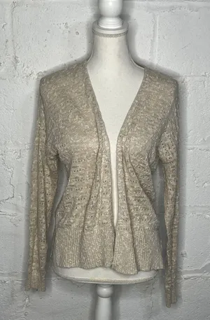 Loft Women’s Cotton Linen Beige Open Front Pointelle‎ Cardigan Sweater Medium thumbnail 1