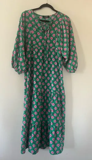 Rose Print Green Midi Dress Medium Novelty Print Statement Piece Cottagecore thumbnail 1