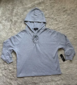 Lulu's Light Gray Lace-Up V-Neck Hoodie Sweater Size XS thumbnail 1