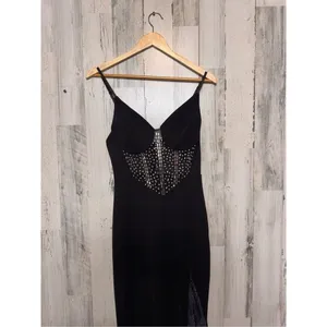 Black Rhinestone Mesh Evening Gown – Slit Maxi Dress, Size M thumbnail 4
