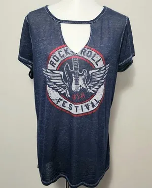 Rock & Republic Navy Festival Burnout Cutout Choker Short Sleeve Tee Size Large thumbnail 1