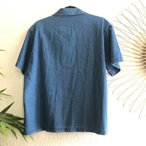 1990s Blue denim button up down shirt blouse floral pattern, short sleeve, front pocket-100% Cotton thumbnail 2