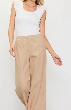 Skies Are Blue Small Tan Linen Cropped High Rise Pin Striped Pants‎ 73976 Latte thumbnail 1