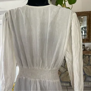 Zara linen blend dress long sleeve white ivory size M smocked ruffle thumbnail 6