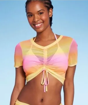 Wild‎ Fable Mesh Ruched Crop Top Womens XS Pink Orange NWT Summer Festival thumbnail 1