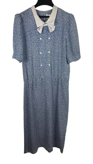 VTG 80s Joy Gordon Midi Blue White Semi Sheer Short Sleeve Nautical Dress 12 thumbnail 1