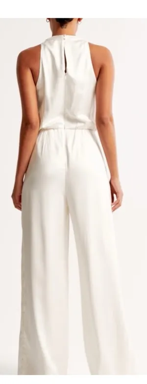 Abercrombie & Fitch Ivory Satin Wide Leg Blouson Jumpsuit thumbnail 3