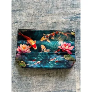 Japanese Koi Fish Flower Cotton Canvas Small Makeup Bag Travel Toiletry Pouch thumbnail 2