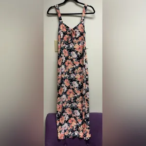 SO Floral Tie-Front Midi Dress Small Black Peach Floral Grunge Fairycore Boho thumbnail 5