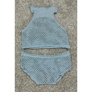 Sparkly Blue Fishnet Two Piece Crop Top Cheeky Bottoms Set Festival Rave OS thumbnail 5