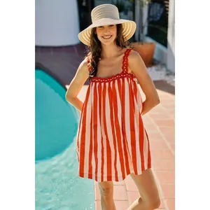 SO ME Stripe Cotton Scallop Side Pocket Lined Mini Dress Red - Large thumbnail 6