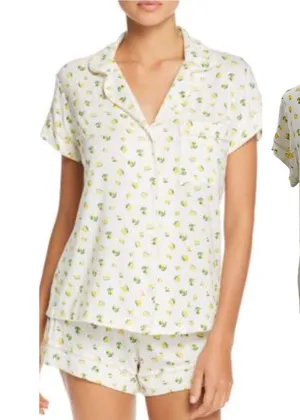 Eberjey Dianna Lemon‎ Print Short Sleeve Pajama Shirt White Yellow Medium thumbnail 1