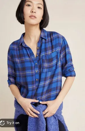 Anthropologie Plaid Tunic Womens M Blue Excellent‎ Button Back Flannel Shirt thumbnail 1