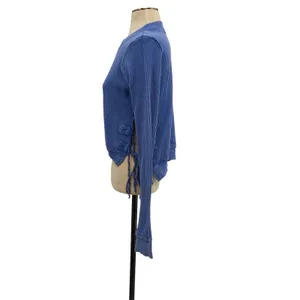 Free People FP One Cropped Interlaken Top Waffle Knit Long‎ Sleeve Blue Medium thumbnail 6