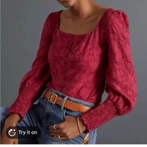 Anthropologie Pink Floral Ruffle Blouse Smocked Puff Sleeve Sz XS Cottagecore thumbnail 3