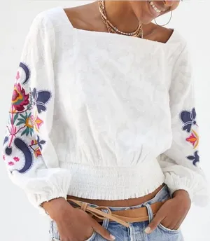 Anthropologie Floral Embroidered Puff sleeve Square Neck Blouse Top thumbnail 1