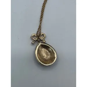 Vintage Blue Enamel Egg Pendant Necklace Bow Detail Gold Tone Chain‎ 18" thumbnail 5