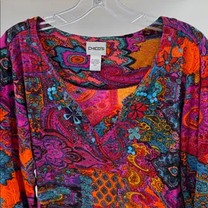 Chico's Colorful Paisley Women's Blouse beaded M/8 v-neck boho casual sequin thumbnail 7
