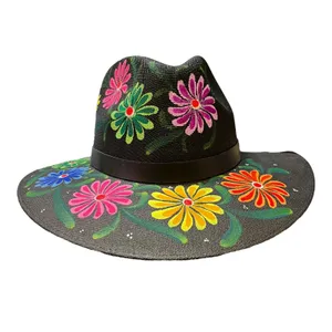HAT MEXICAN Artisanal Hand Painted Fedora Floral Sombrero Panama Bohemian Black thumbnail 9
